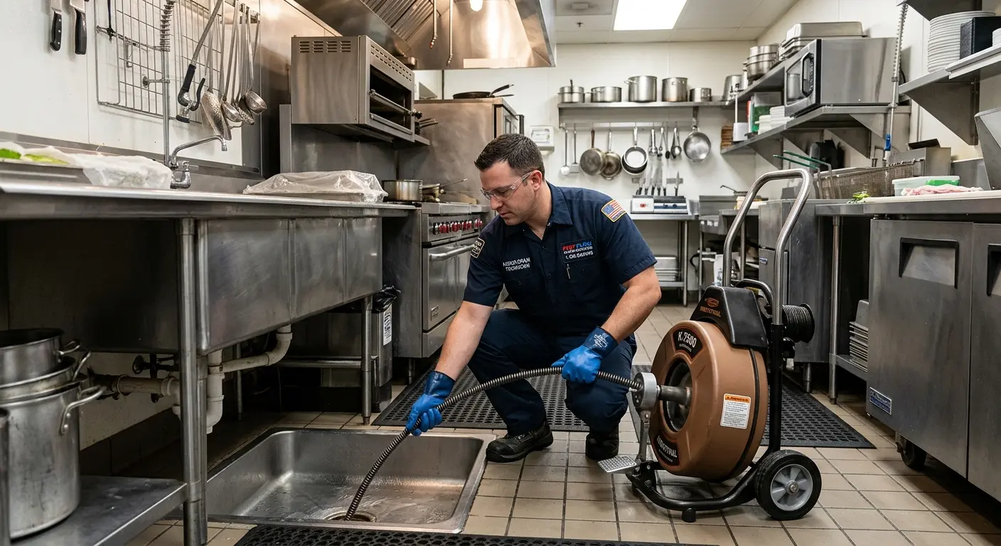 Commercial drain cleaning service in a restaurant kitchen in Shafter
