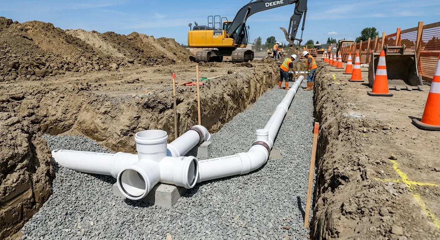 New PVC sewer pipe installation in open trench for Sewer Backup in Shafter