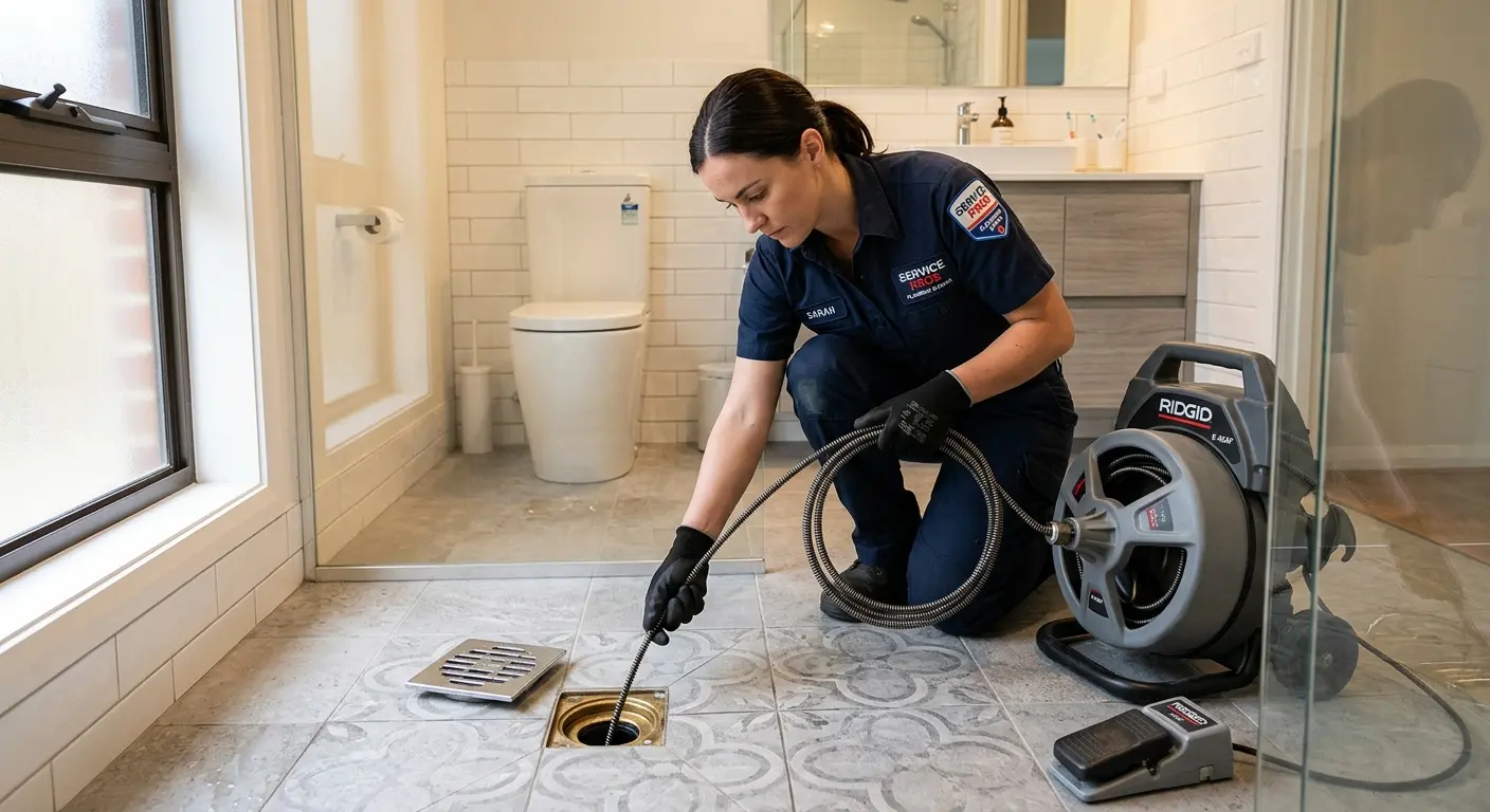 Technician clearing a bathroom floor drain for Sewer Line Replacement in Shafter
